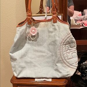 Tory Burch Denim Tote Bag with Tan Accents